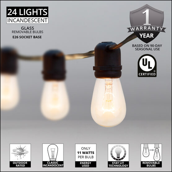 54' Outdoor Patio Light String, 24 Clear S14 Bulbs