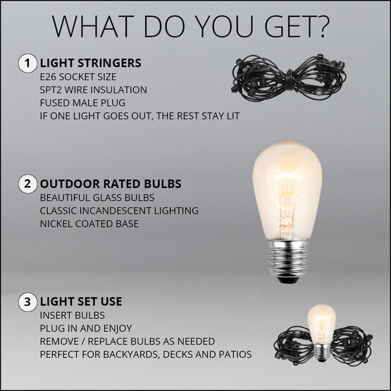 54' Outdoor Patio Light String, 24 Clear S14 Bulbs