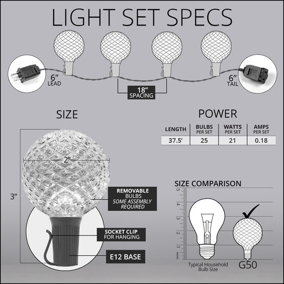 37' Globe String Light Set, 25 Warm White G50 OptiCore LED Bulbs, Black Wire