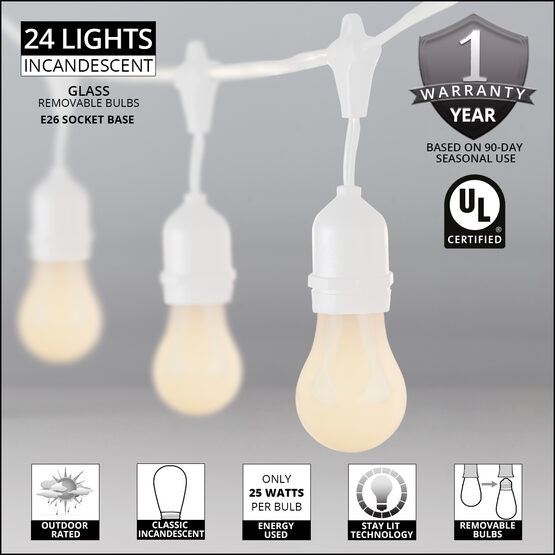 54' Outdoor Patio Light String, 24 White A19 Bulbs