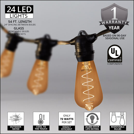 30' Commercial Patio String Light Set, 10 Warm White ST64 FlexFilament TM LED Glass Bulbs, Black Wire