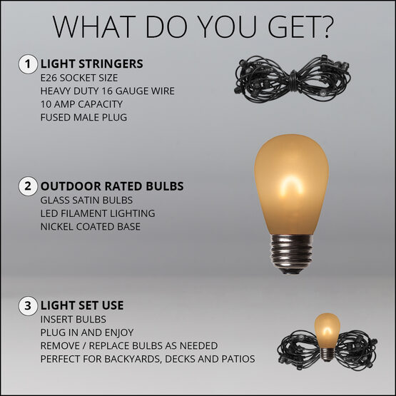 30' Commercial Patio String Light Set, 10 Warm White S14 FlexFilament LED Satin Glass Bulbs, Black Wire
