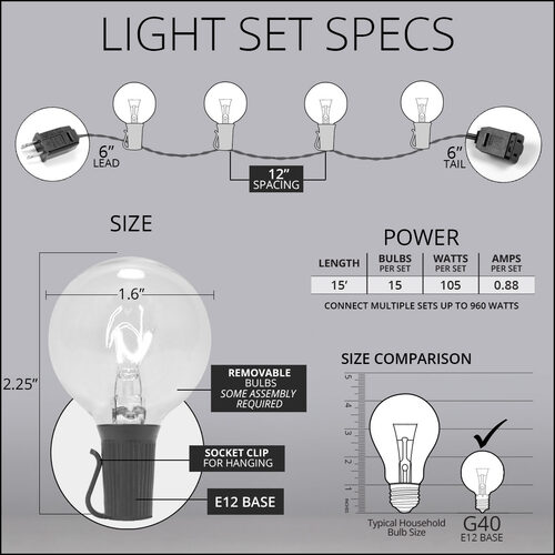 15' Globe String Lights, 15 Clear G40 Bulbs