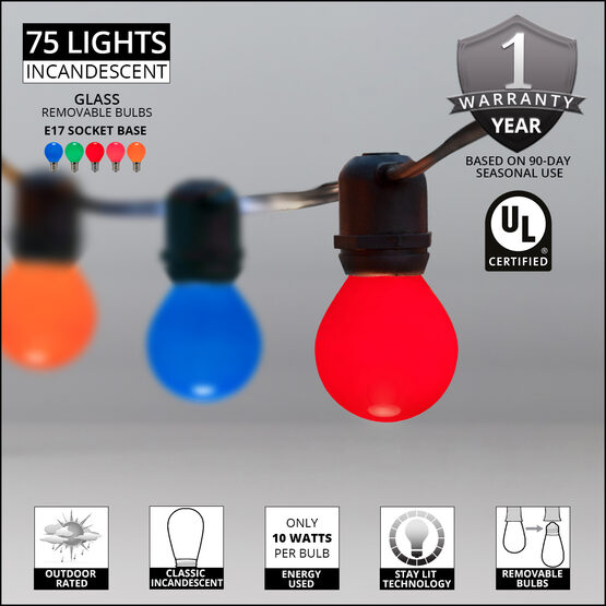 100' Outdoor Patio Light String, 75 Multicolor S11 Bulbs