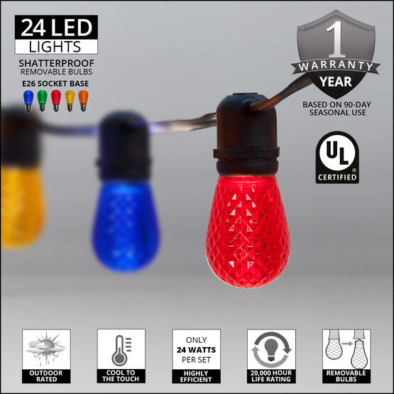 54' Outdoor Patio Light String, 24 Multicolor S14 LED Bulbs