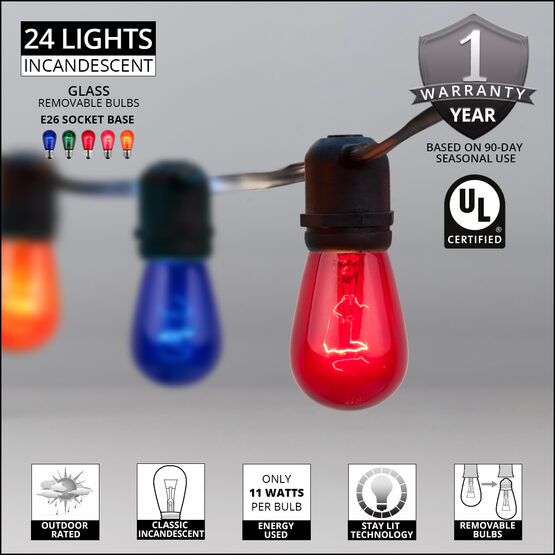54' Outdoor Patio Light String, 24 Multicolor S14 Bulbs