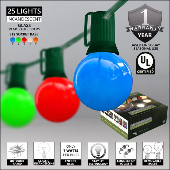 Globe String Lights, Opaque Multicolor G40 Bulbs, Green Wire