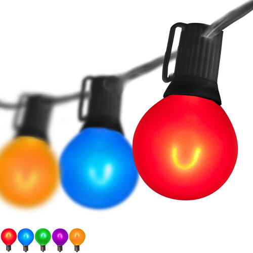 10' Patio String Light Set, 10 Multicolor G50 FlexFilament TM LED Satin Glass Bulbs, Black Wire