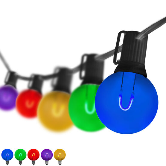 37' Patio String Light Set, 25 Multicolor G50 FlexFilament TM LED Acrylic Bulbs, Black Wire