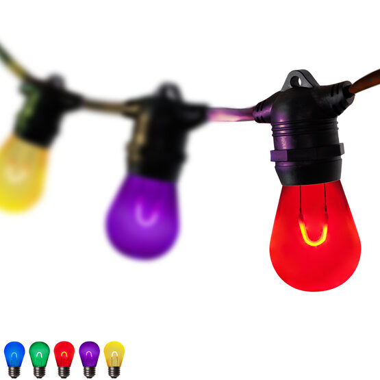 30' Commercial Patio String Light Set, 10 Multicolor S14 FlexFilament LED Acrylic Bulbs, Black Wire