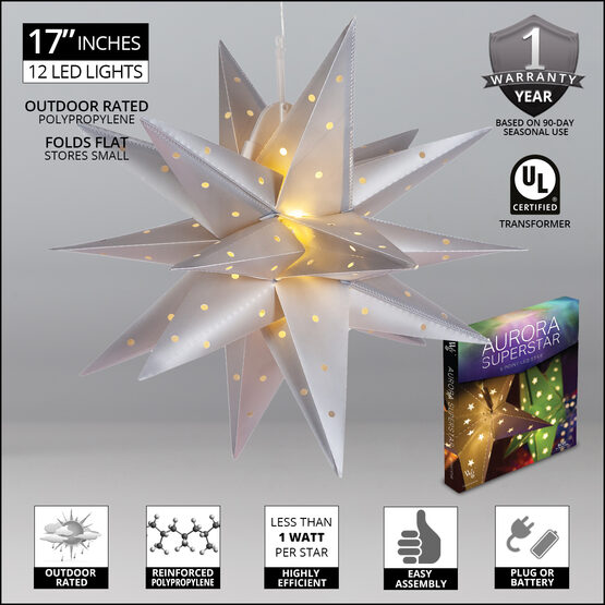 17" Silver Aurora Superstar TM Moravian Star Lantern, Fold-Flat, LED Lights, Outdoor Rated