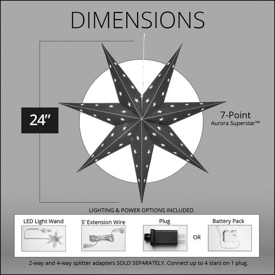 24" White Aurora Superstar TM 7 Point Star Lantern, Fold-Flat, LED Lights 