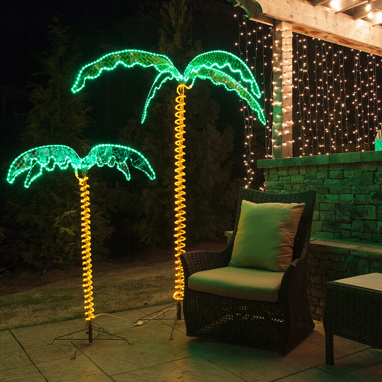 Place rope light palm trees around a backyard bar to create a tropical paradise party atmosphere!