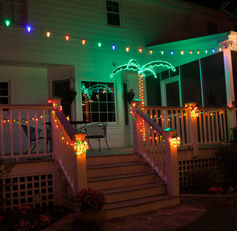 Backyard Deck Party Lights With LED Globe Lights and Chili Pepper String Lights.