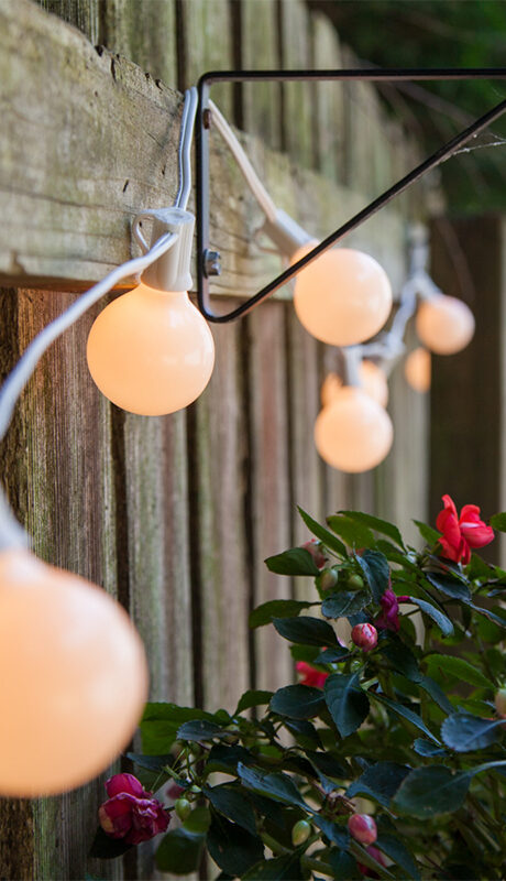 G40 Pearl White Globe Lights Brighten a Backyard Fence